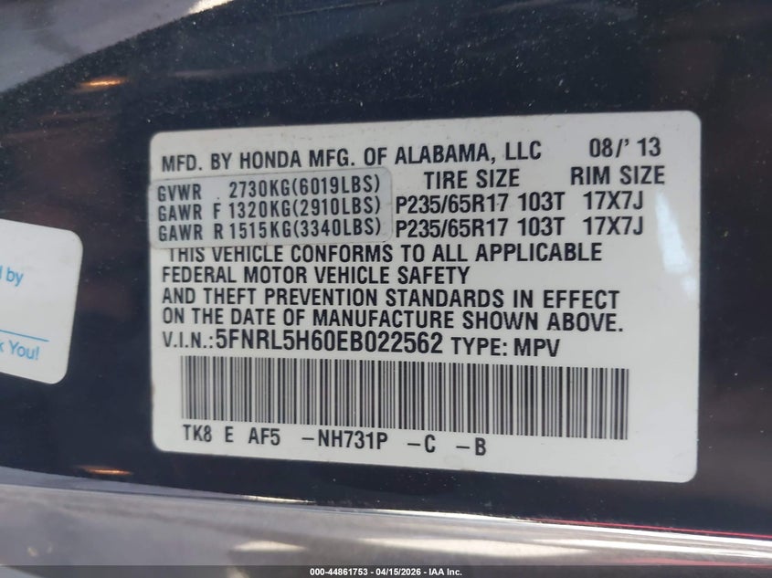 2014 Honda Odyssey Ex-L VIN: 5FNRL5H60EB022562 Lot: 44861753