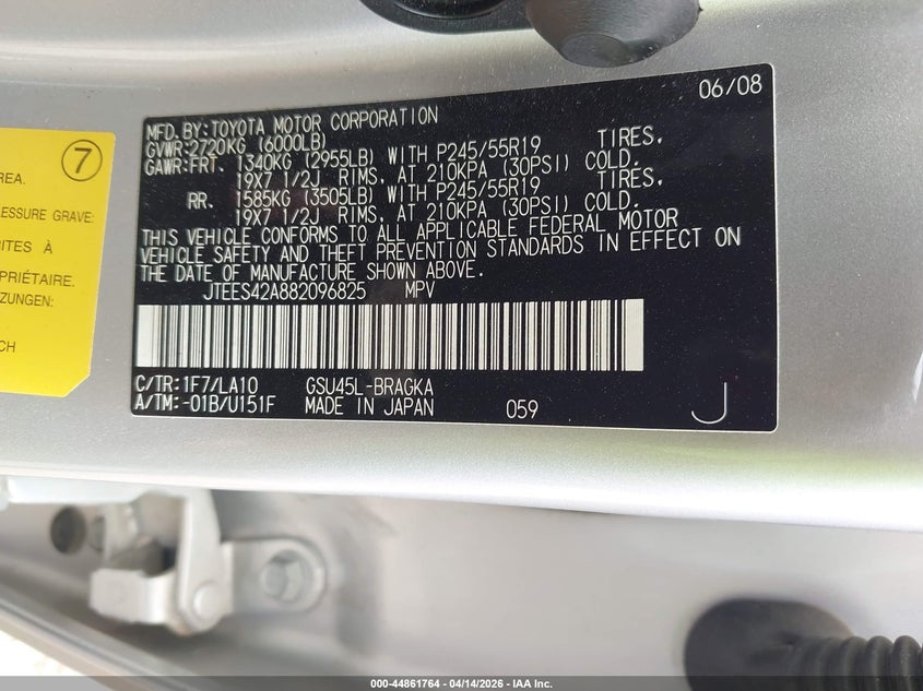 2008 Toyota Highlander Limited VIN: JTEES42A882096825 Lot: 44861764