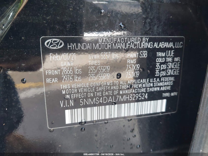 2021 HYUNDAI SANTA FE 2.5L I-4 DI, DOHC, V(VIN: 5NMS4DAL7MH329524