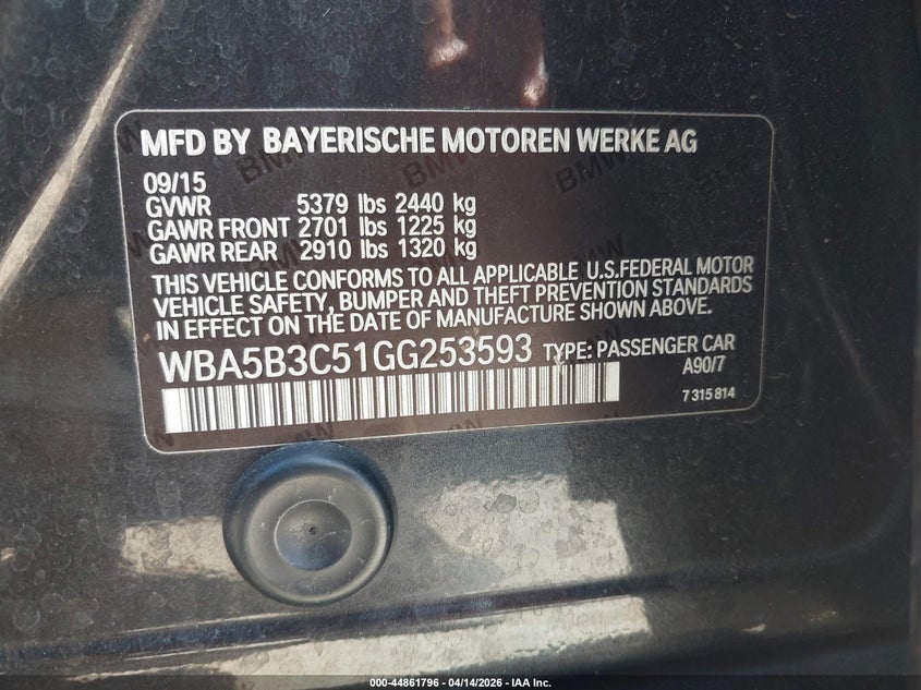 2016 BMW 535I xDrive VIN: WBA5B3C51GG253593 Lot: 44861796