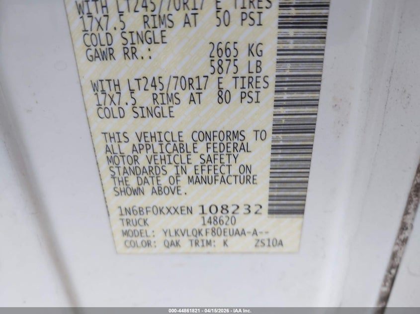 2014 Nissan Nv Cargo Nv2500 Hd S V6 VIN: 1N6BF0KXXEN108232 Lot: 44861821