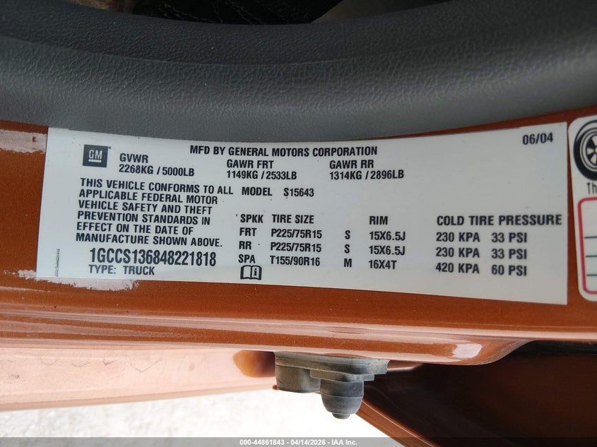 2004 Chevrolet Colorado Ls VIN: 1GCCS136848221818 Lot: 44861843