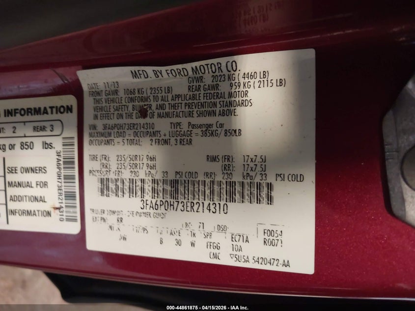2014 Ford Fusion Se VIN: 3FA6P0H73ER214310 Lot: 44861875