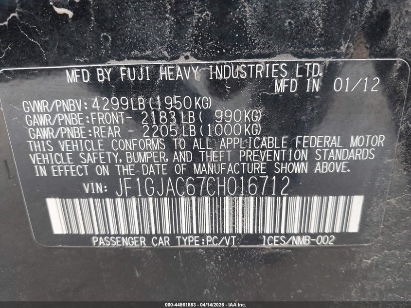 2012 Subaru Impreza 2.0I Premium VIN: JF1GJAC67CH016712 Lot: 44861883