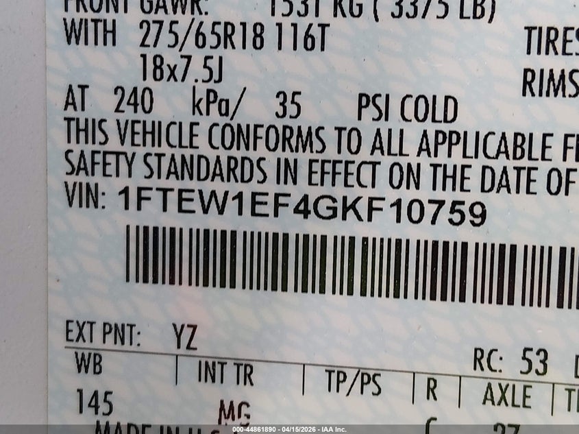 2016 Ford F-150 Xlt VIN: 1FTEW1EF4GKF10759 Lot: 44861890