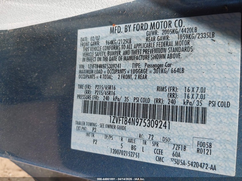 2007 Ford Mustang V6 Deluxe/V6 Premium VIN: 1ZVFT84N975309241 Lot: 44861891