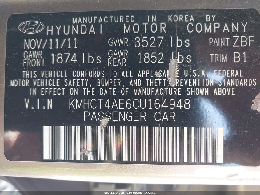 2012 Hyundai Accent Gls VIN: KMHCT4AE6CU164948 Lot: 44861900