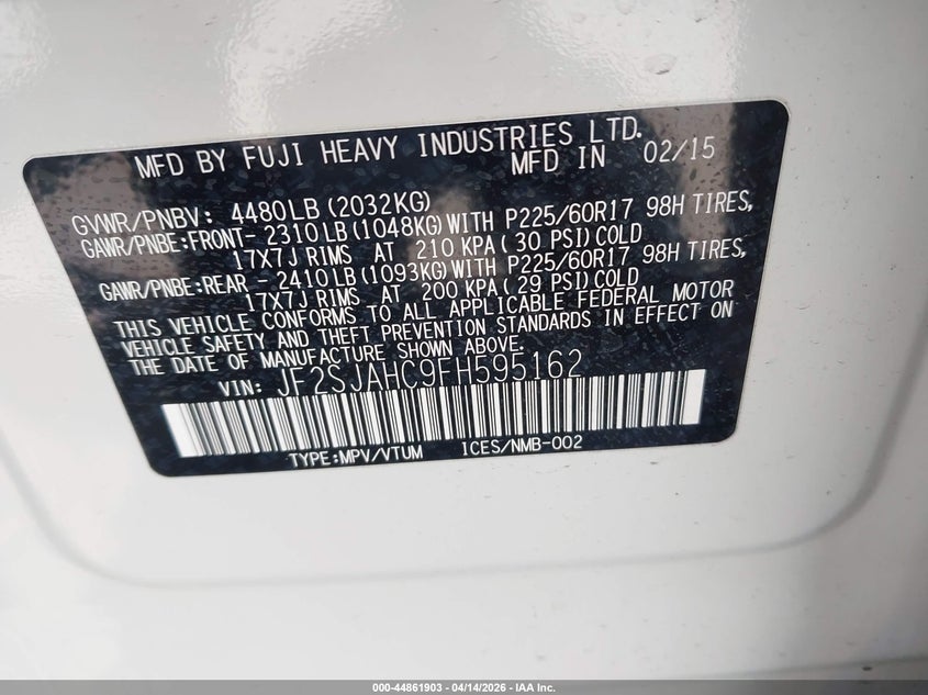 2015 Subaru Forester 2.5I Limited VIN: JF2SJAHC9FH595162 Lot: 44861903
