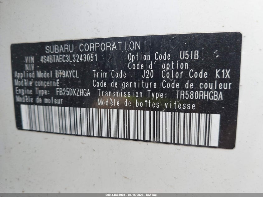 2020 Subaru Outback Premium VIN: 4S4BTAEC3L3243051 Lot: 44861904