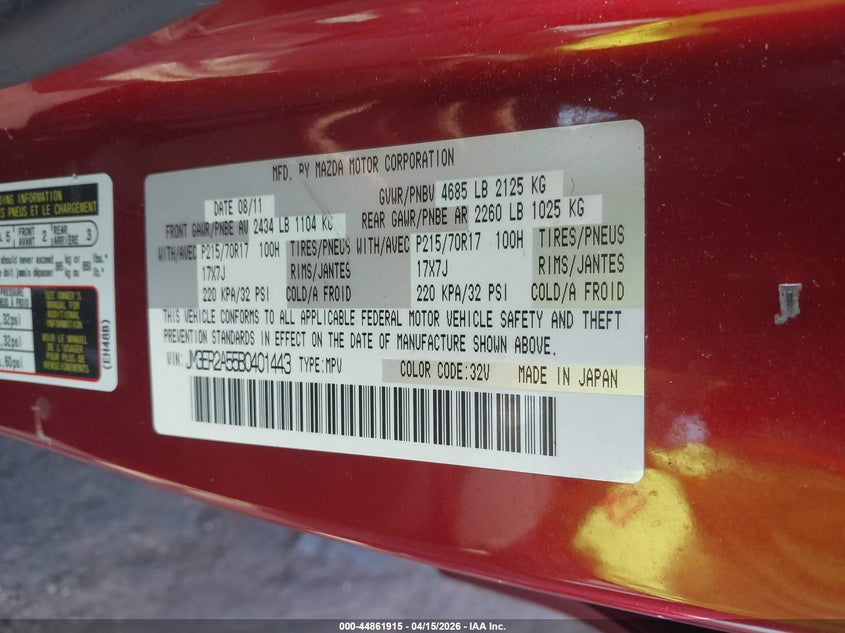 2011 Mazda Cx-7 I Sv VIN: JM3ER2A55B0401443 Lot: 44861915