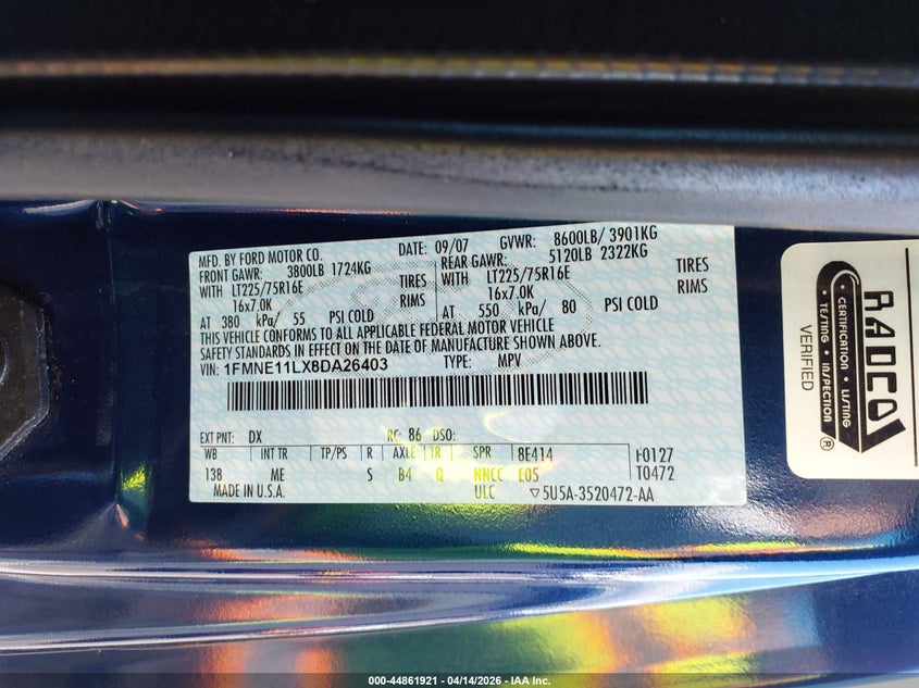 2008 Ford E-150 Xl/Xlt VIN: 1FMNE11LX8DA26403 Lot: 44861921