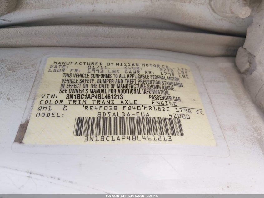 2011 Nissan Versa 1.8S VIN: 3N1BC1AP4BL461213 Lot: 44861931