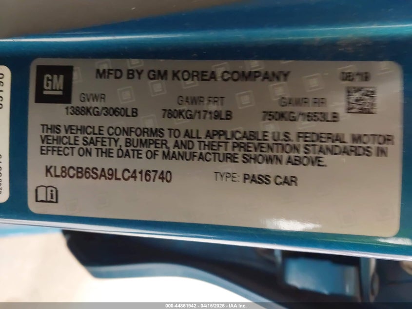 2020 Chevrolet Spark Fwd Ls Automatic VIN: KL8CB6SA9LC416740 Lot: 44861942