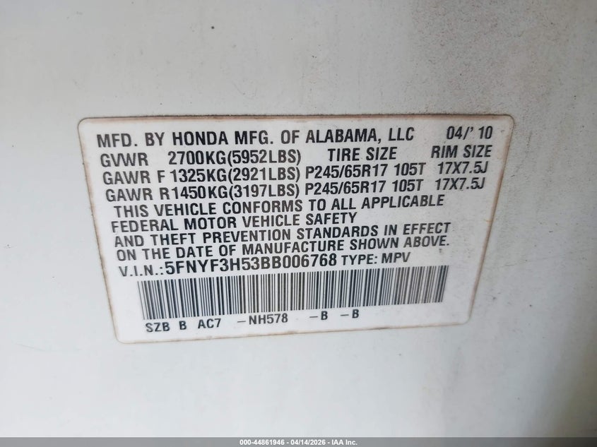 2011 Honda Pilot Ex-L VIN: 5FNYF3H53BB006768 Lot: 44861946