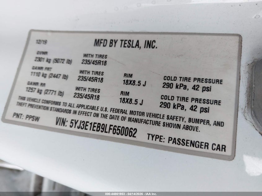 2020 Tesla Model 3 Long Range Dual Motor All-Wheel Drive white Lot 111044861953 Vin 5YJ3E1EB9LF650062