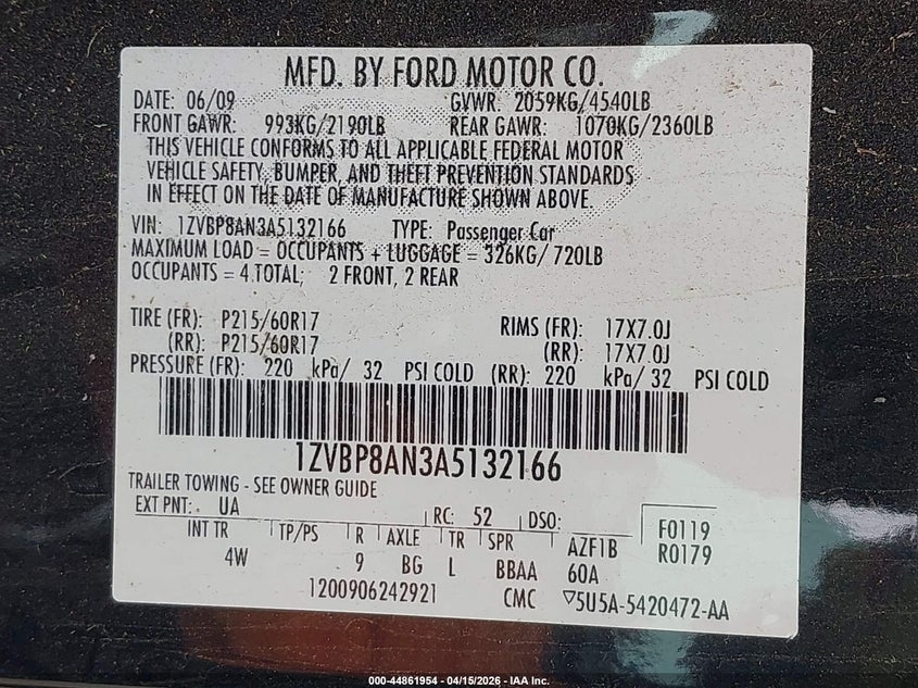 2010 Ford Mustang V6/V6 Premium VIN: 1ZVBP8AN3A5132166 Lot: 44861954