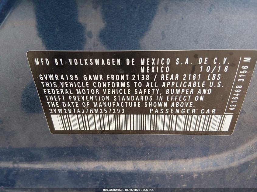2017 Volkswagen Jetta 1.4T S VIN: 3VW2B7AJ7HM257293 Lot: 44861959