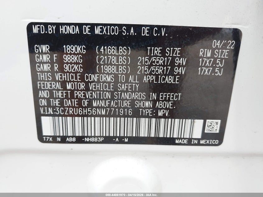 2022 Honda Hr-V Awd Ex VIN: 3CZRU6H56NM771916 Lot: 44861970