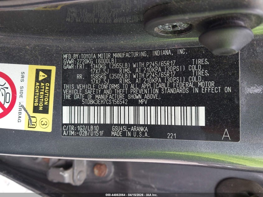 2012 Toyota Highlander Se V6 VIN: 5TDBK3EH7CS156542 Lot: 44862064