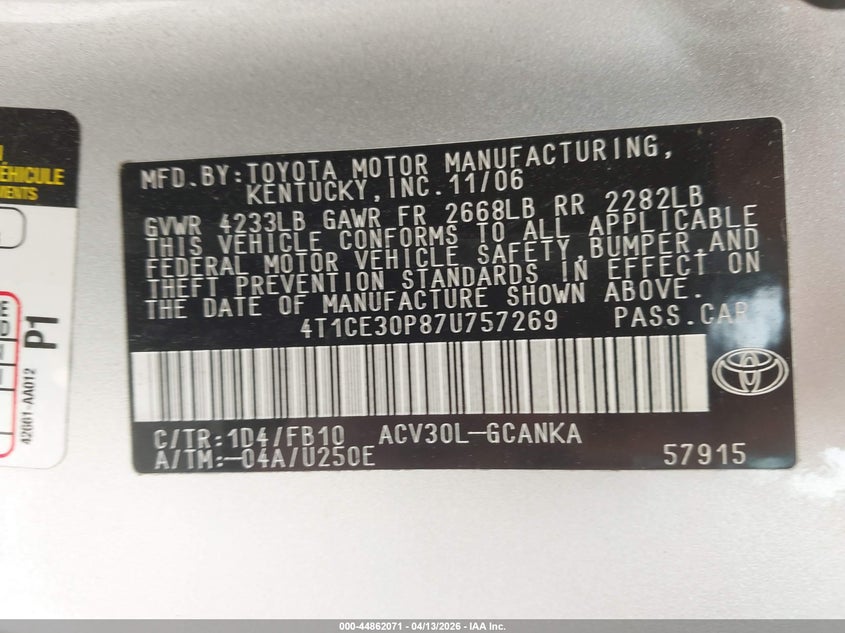 2007 Toyota Camry Solara Se VIN: 4T1CE30P87U757269 Lot: 44862071