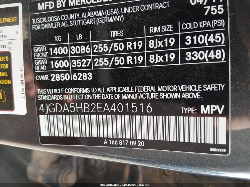 2014 Mercedes-Benz Ml 350 4Matic VIN: 4JGDA5HB2EA401516 Lot: 44862080