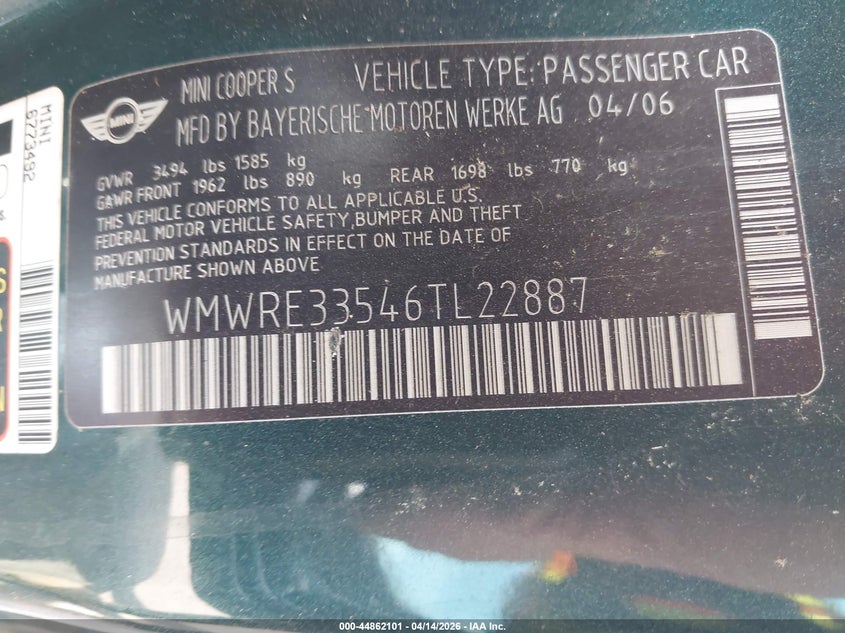 2006 Mini Cooper S VIN: WMWRE33546TL22887 Lot: 44862101
