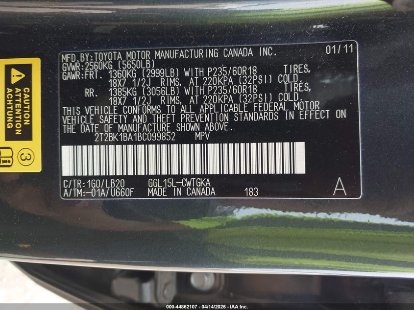 2011 Lexus Rx 350 VIN: 2T2BK1BA1BC099852 Lot: 44862107