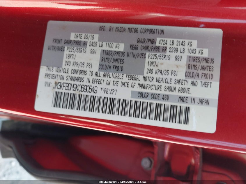 2019 Mazda Cx-5 Grand Touring VIN: JM3KFBDM9K0690549 Lot: 44862126