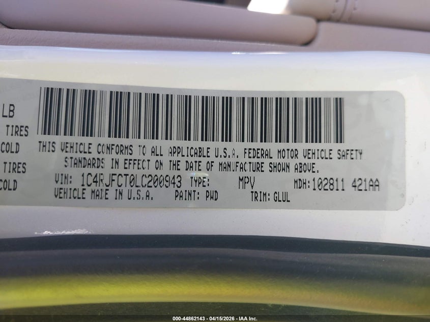 2020 Jeep Grand Cherokee Overland 4X4 VIN: 1C4RJFCT0LC200943 Lot: 44862143