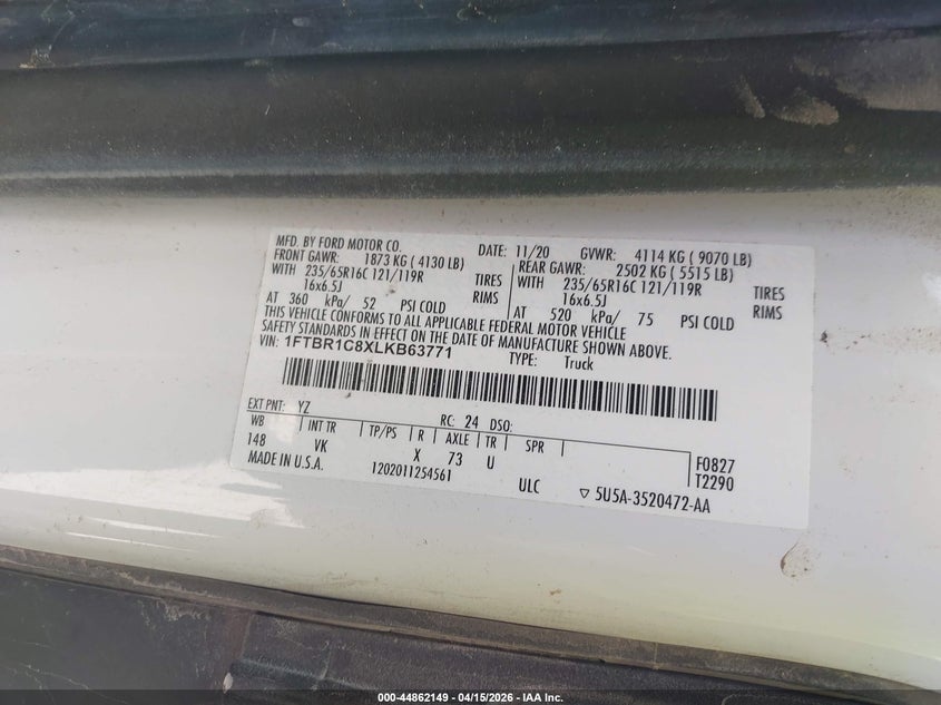 2020 Ford Transit-250 VIN: 1FTBR1C8XLKB63771 Lot: 44862149