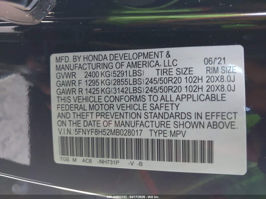 2021 Honda Passport Awd Ex-L VIN: 5FNYF8H52MB028017 Lot: 44862153