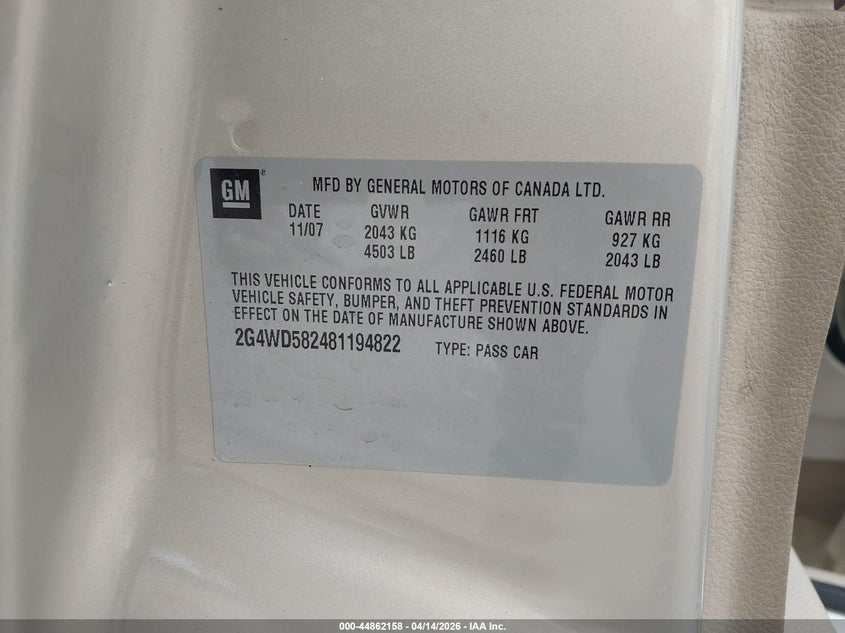 2008 Buick Lacrosse Cxl VIN: 2G4WD582481194822 Lot: 44862158