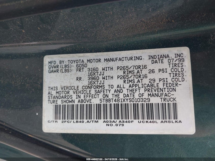 2000 Toyota Tundra Ltd V8 VIN: 5TBBT481XYS010329 Lot: 44862188