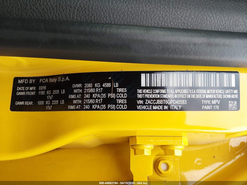 2016 Jeep Renegade Latitude VIN: ZACCJBBT6GPD45583 Lot: 44862194