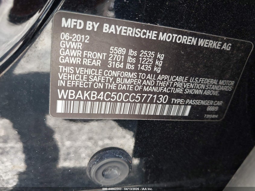 2012 BMW 740Li VIN: WBAKB4C50CC577130 Lot: 44862203