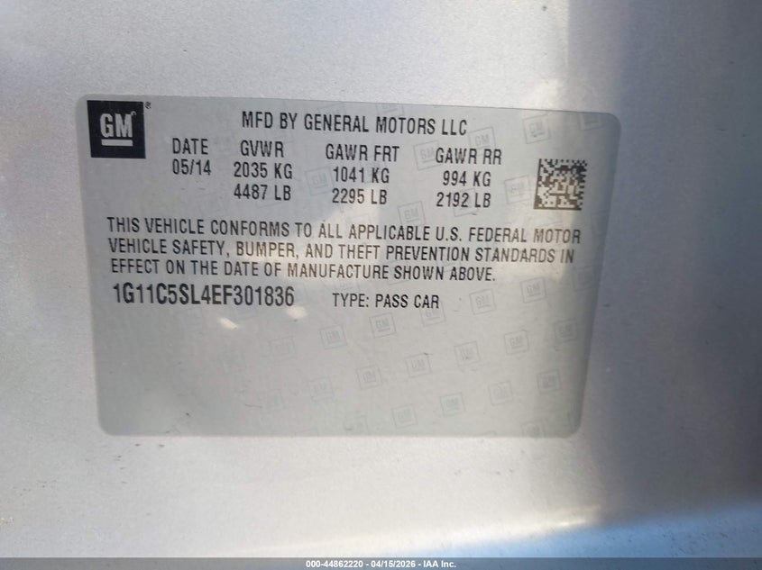 2014 Chevrolet Malibu 1Lt VIN: 1G11C5SL4EF301836 Lot: 44862220