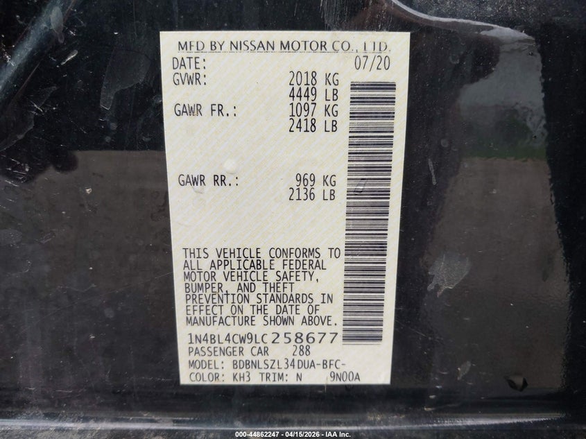 VIN 1N4BL4CW9LC258677 2020 NISSAN ALTIMA SR INTELLIGENT AWD