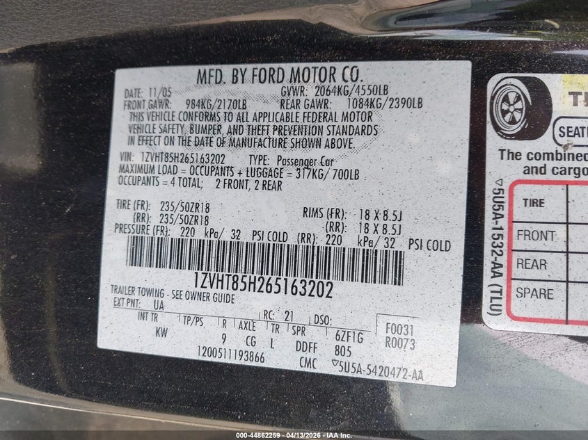 2006 Ford Mustang Gt VIN: 1ZVHT85H265163202 Lot: 44862259