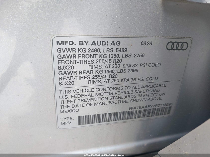 2023 Audi Q5 Sportback Premium Plus 45 Tfsi S Line Quattro S Tronic VIN: WA15AAFY7P2118996 Lot: 44862261