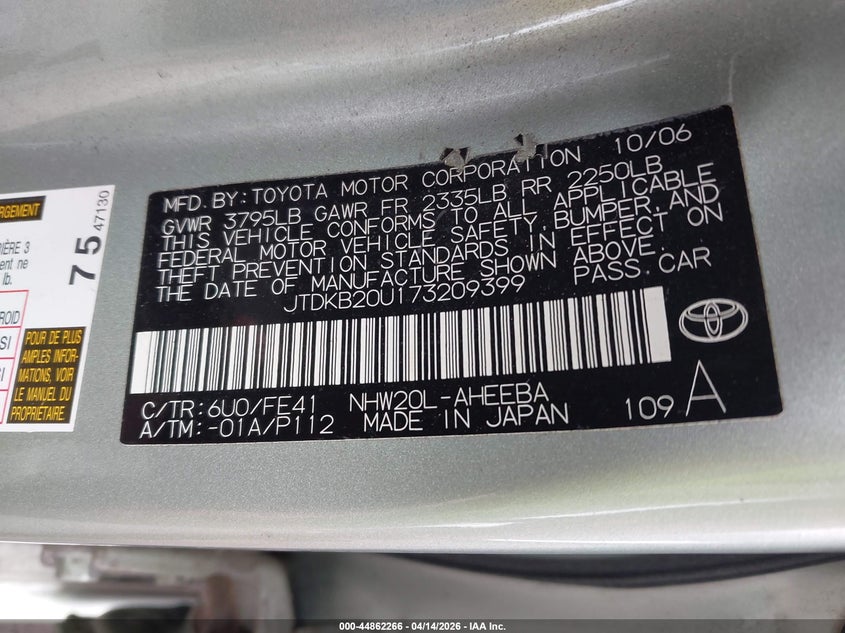 2007 Toyota Prius VIN: JTDKB20U173209399 Lot: 44862266