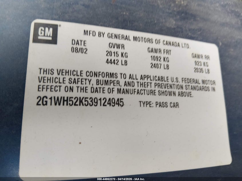 2003 Chevrolet Impala Ls VIN: 2G1WH52K539124945 Lot: 44862270