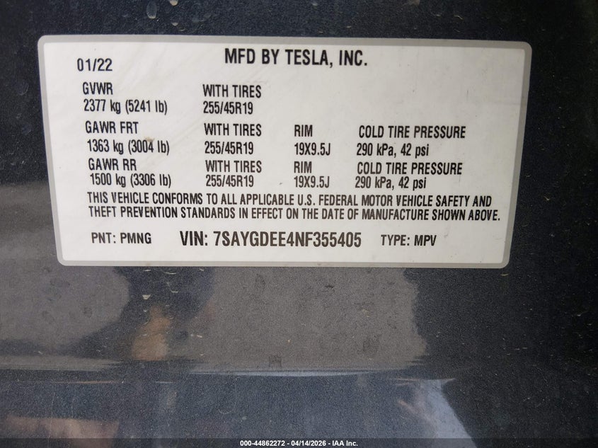 2022 Tesla Model Y Long Range Dual Motor All-Wheel Drive VIN: 7SAYGDEE4NF355405 Lot: 44862272