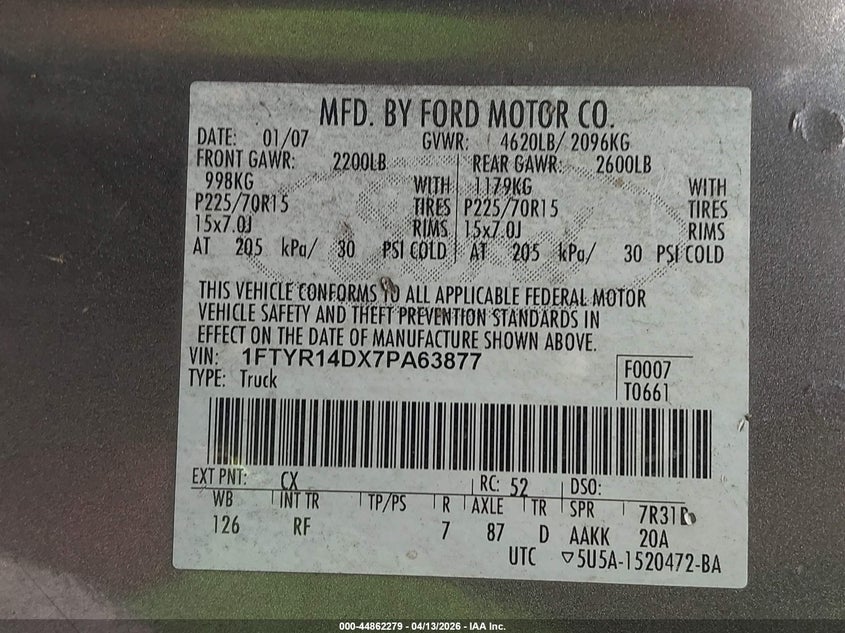 2007 Ford Ranger Stx/Xl/Xlt VIN: 1FTYR14DX7PA63877 Lot: 44862279