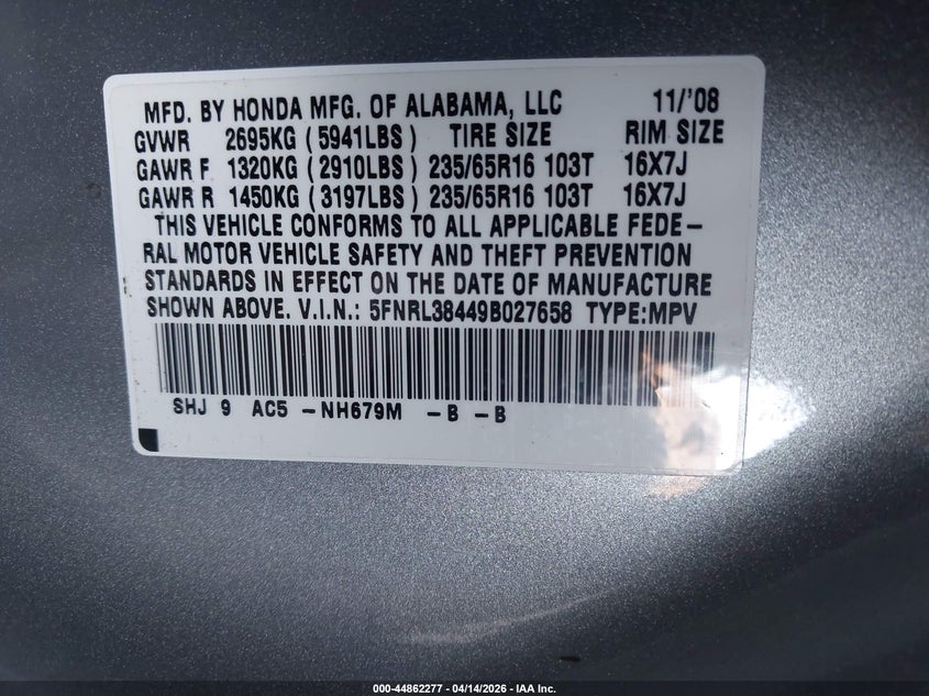 2009 Honda Odyssey Ex VIN: 5FNRL38449B027658 Lot: 44862277