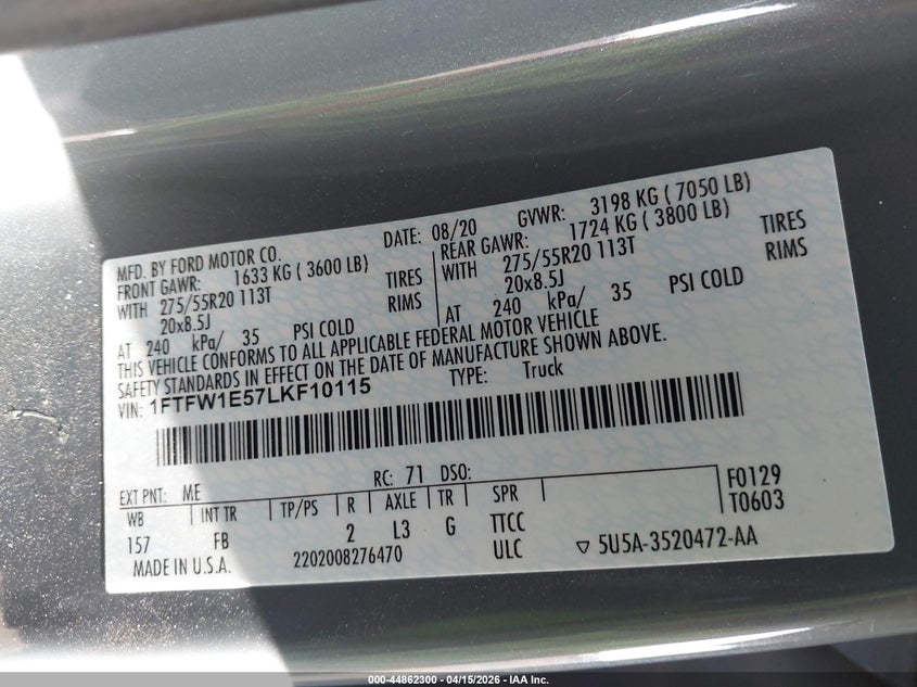 2020 Ford F-150 Xlt VIN: 1FTFW1E57LKF10115 Lot: 44862300