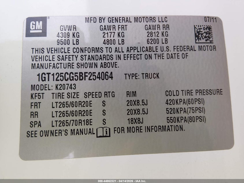 2011 GMC Sierra 2500Hd Denali VIN: 1GT125CG5BF254064 Lot: 44862321