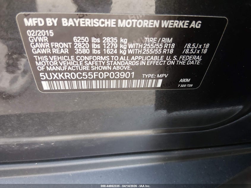 2015 BMW X5 xDrive35I VIN: 5UXKR0C55F0P03901 Lot: 44862335