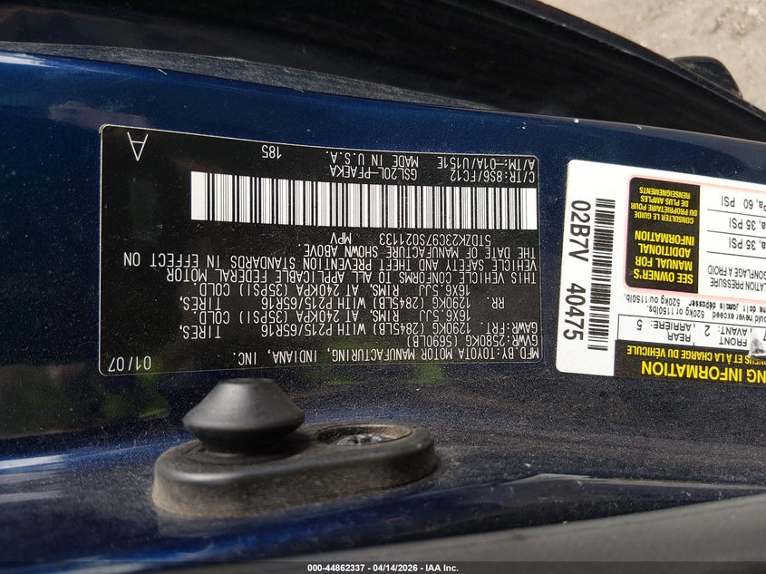 2007 Toyota Sienna Le VIN: 5TDZK23C97S021133 Lot: 44862337