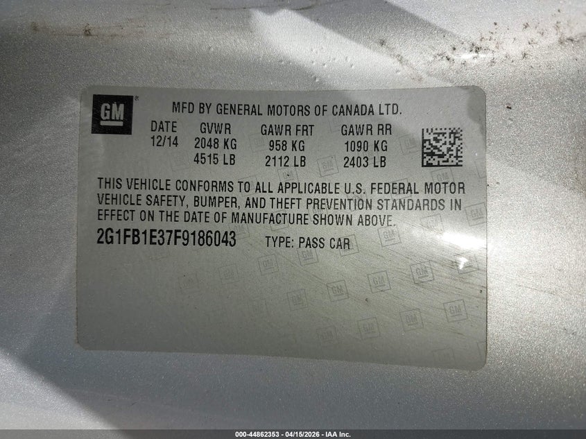 2015 Chevrolet Camaro 2Ls VIN: 2G1FB1E37F9186043 Lot: 44862353