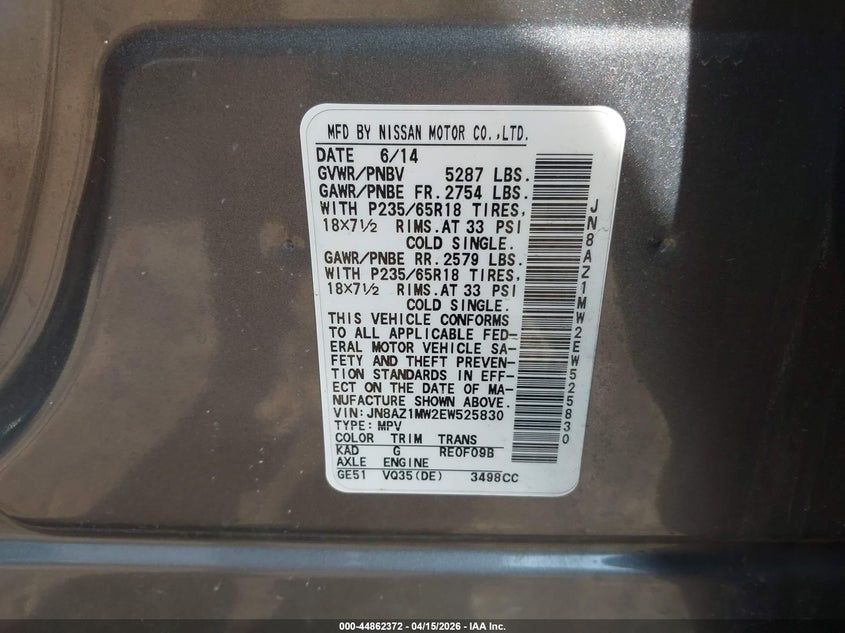 2014 Nissan Murano Sv VIN: JN8AZ1MW2EW525830 Lot: 44862372